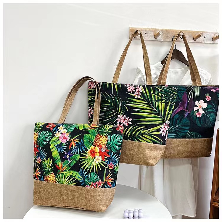 172g Weight Open Closure Type Double Shoulder Straps Strap Type Shoulder Bag Bags Type Travel, Street Occasion Canvas Material Tropical Pattern All Seasons Season Women's Gender Vacation Style Large Size Women's Large Canvas Tropical Vacation Open Shoulder Bag 18