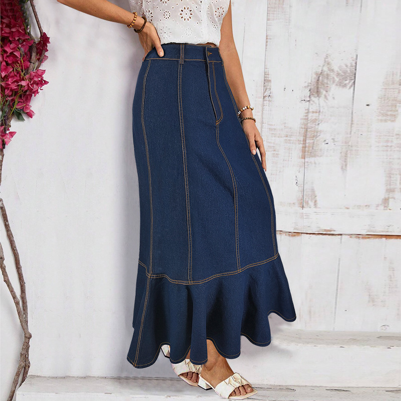 Women's Button-Down Denim Mermaid Skirt, Stretchy Washed Denim Maxi Skirt With Flared Hem, Elegant Tailored Fit_ecoleips.com
