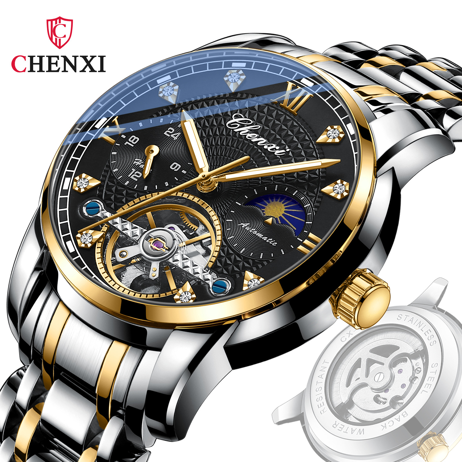 CHENXI/晨曦男士手表镂空飞轮日月星辰防水夜光全自动机械表8870