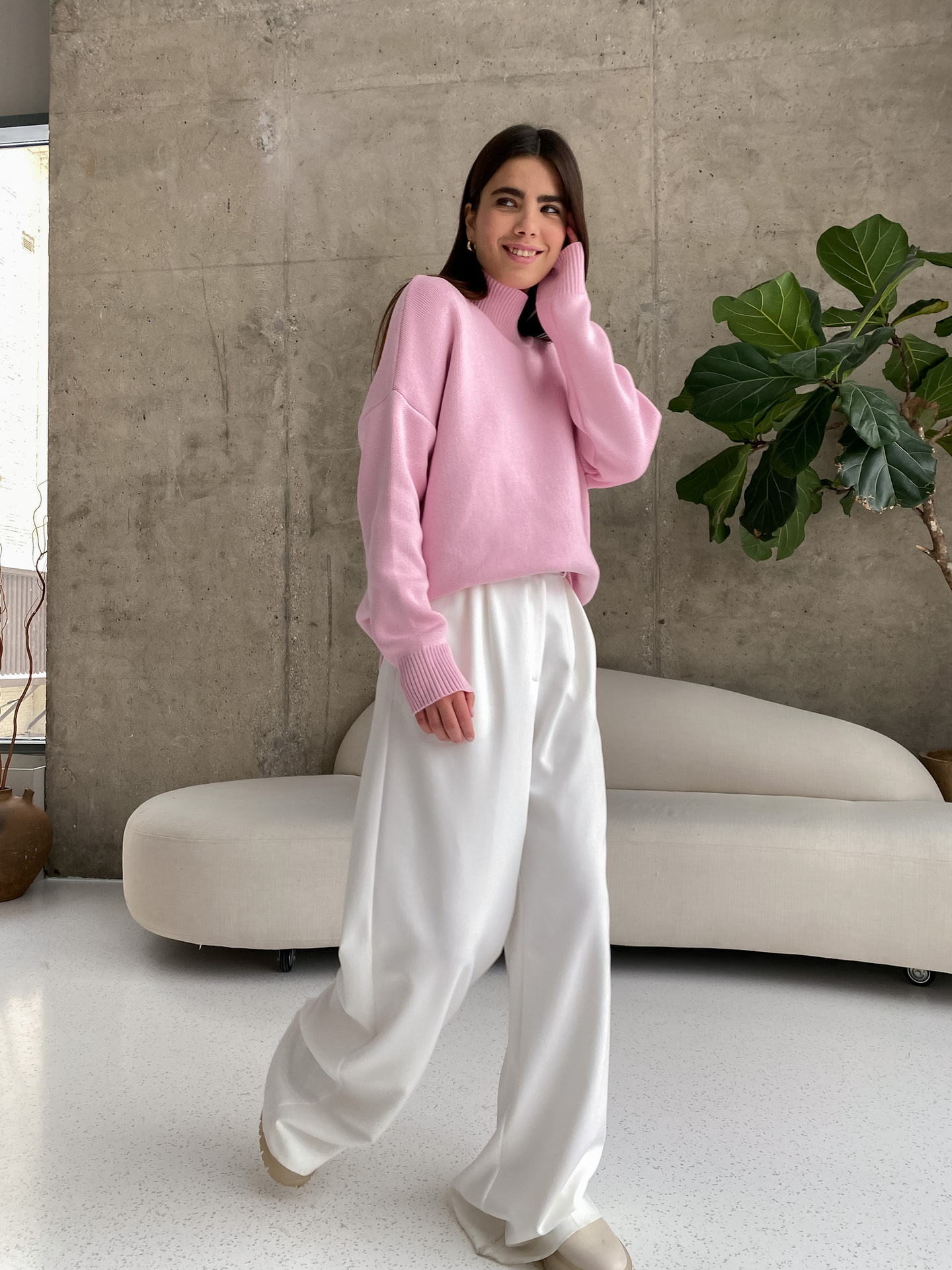 Pull tricoté à col semi-haut de couleur unie pour la mode automne-hiver, pull chaud simple et ample_voghion.com