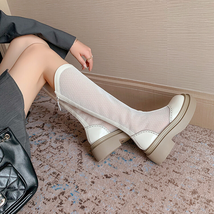 Boot lưới da thật cổ cao mũi tròn đế dày phối màu thoáng khí mùa hè — Màu đen cổ ống lớn, Ống nhỏ màu đen, Chu vi ống lớn màu trắng Be, Ống nhỏ màu be chi tiết 32