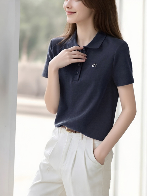 刺绣短袖polo领t恤上衣女夏季新款百搭翻领撞色衬衫学院风polo衫|undefined