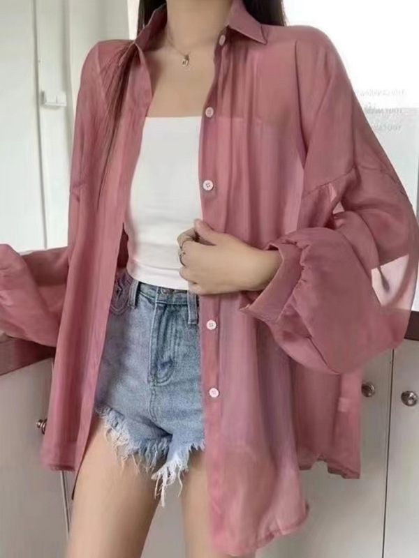 珠光冰丝防晒衬衫女夏季薄款开衫垂感罩衫衬衣外套上衣雪尼尔面料|undefined