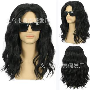 New European and American Men's Wigs with Medium-Parted Long Curly Hair, Black Natural Curly Medium-Length Men's Hair, Fluffy Manufacturer Wigs