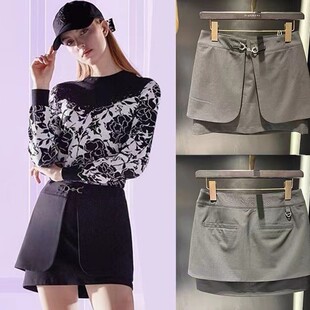 New Golf Women's Two-Piece Skirt Detachable Joker Skirt Rose Printed Knitted Round Neck Long Sleeve Cardigan