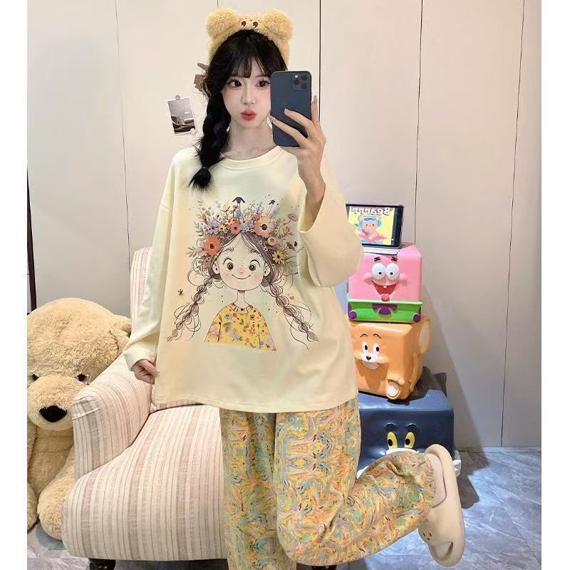 Pijamas al por mayor transfronterizos de primavera y otoño nuevos pantalones de manga larga estudiantes dibujos animados lindos y sueltos set de ropa de hogar