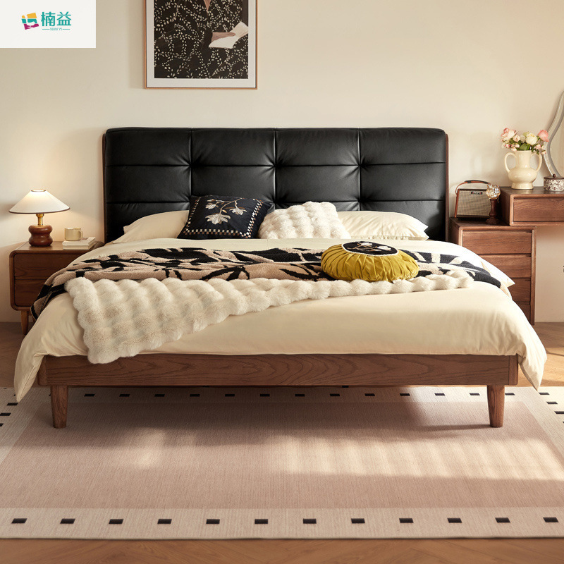 Nanyi Master Bedroom Large Bed Black Retro Solid Wood Bed Rice Leather Double Bed Row Frame Bed New Light Luxury Double Bed