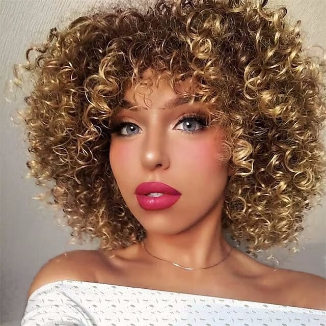 New European and American Wig for Women with Short Curly Hair, African Fluffy Afro with Bangs, Small Curls, Fashionable Synthetic Chemical Fiber Headgear