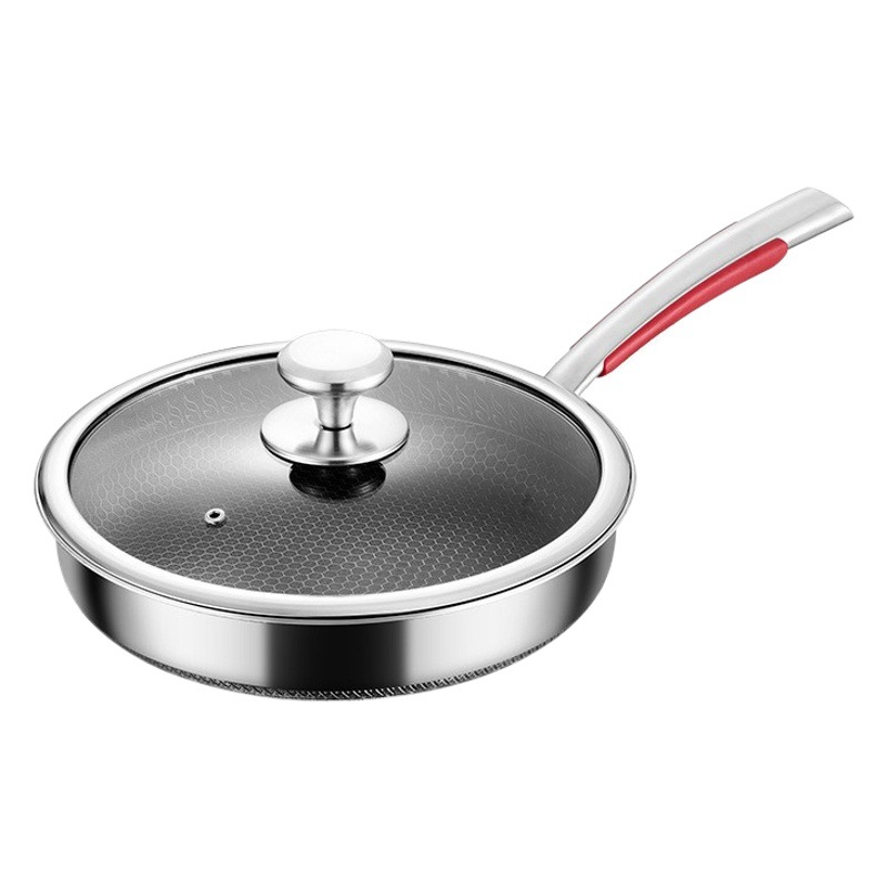 Sartén de Acero Inoxidable 316 de Selección Cuidadosa para Uso Doméstico, Sartén de Doble Cara con Fondo Plano de Panal y Tapa, Antiadherente para Freír Huevos, Transfronterizo.
