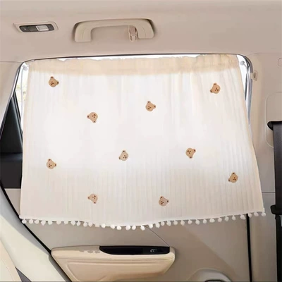 Car curtains – block baby car interior shading - bear-head-embroidered-quilted-hair-ball-curtain