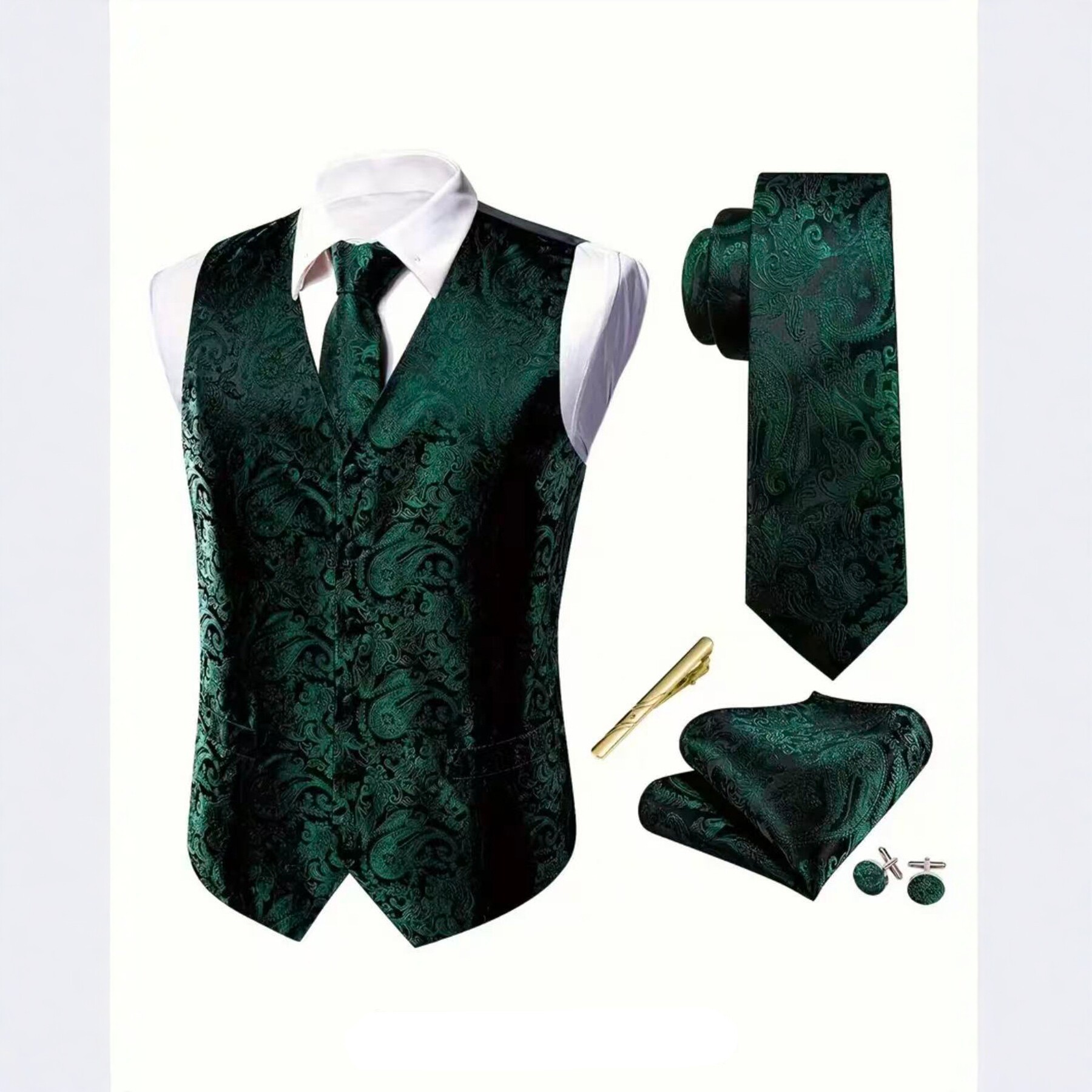 Men's Paisley Print Waistcoat Vest & Tie Set With Pocket Square | Elegant Slim-Fit Formal Casual Matching Set_voghion.com