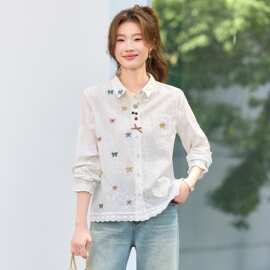 2026年春装 文艺范全身刺绣蝴蝶宽松衬衫女  翻领长袖上衣图片色