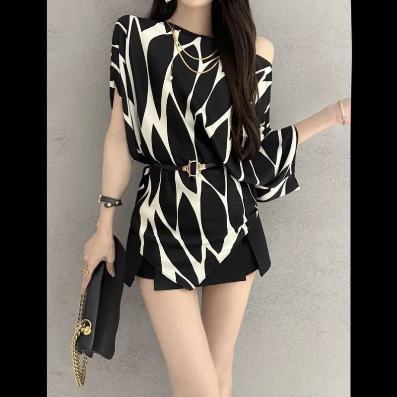 Elegant Irregular Hem Versatile Top Off-Shoulder Socialite Style Summer New Women's Fashion Elegant Irregular Hem Versatile Top Off-Shoulder Socialite Style Summer New Women's Fashion