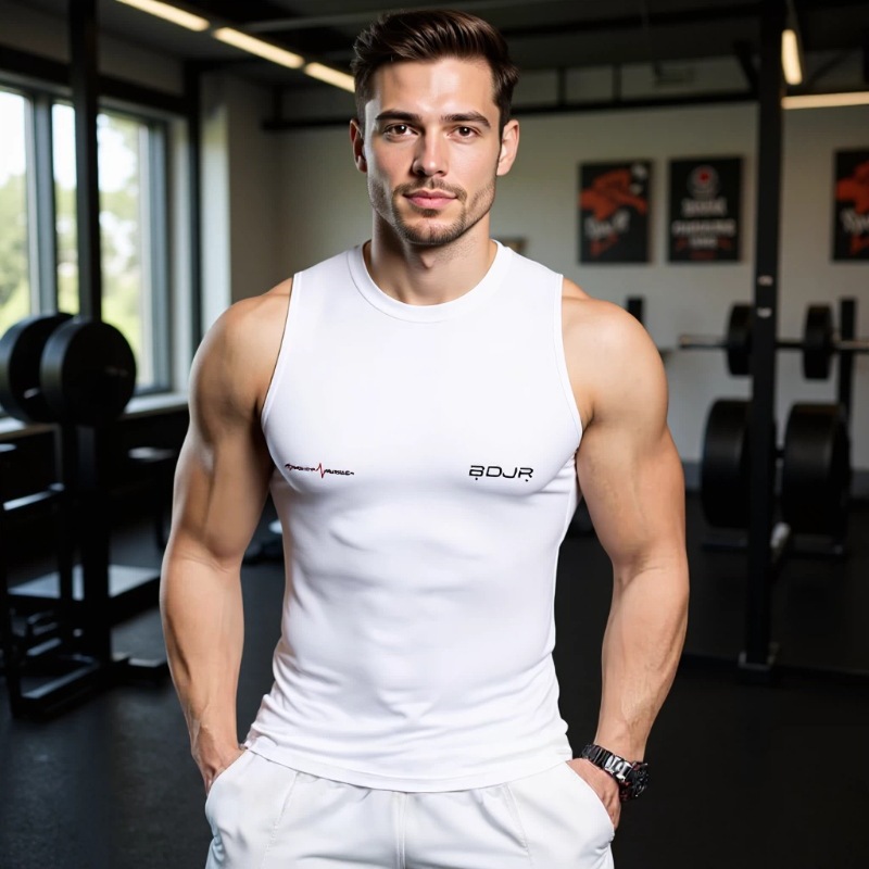 Sleeveless Fitness Vest for Muscular Men, White Elastic Slim-Fit Sports Sleeveless Top for Active Training, in Stock