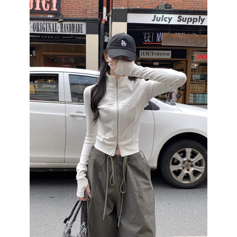 Tight waist slimming double zipper long sleeve stand collar fishbone top women's spring short slim fit sports casual T-shirt coat