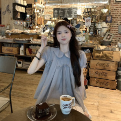适美2025夏季甜美风蝴蝶结娃娃领短袖衬衫女复古减龄宽松显瘦上衣