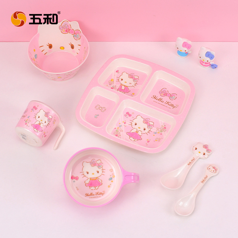 Sanrio Kittie cubiertos infantiles hogar bebés suplemento tazón impermeable a prueba de quemaduras placa dividida en forma de tazón taza de leche