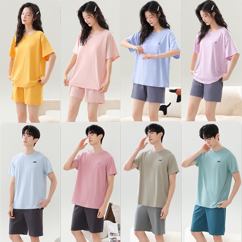 Summer Couple's Modal Pajamas for Men and Women with Built-In Chest Pads, Short-Sleeved Shorts, Home Wear Set, Solid Color, Casually Matched