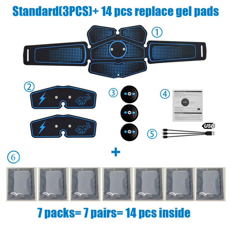 Six-pack muscle belt + 2 arm patches + 3 main units + spare gel