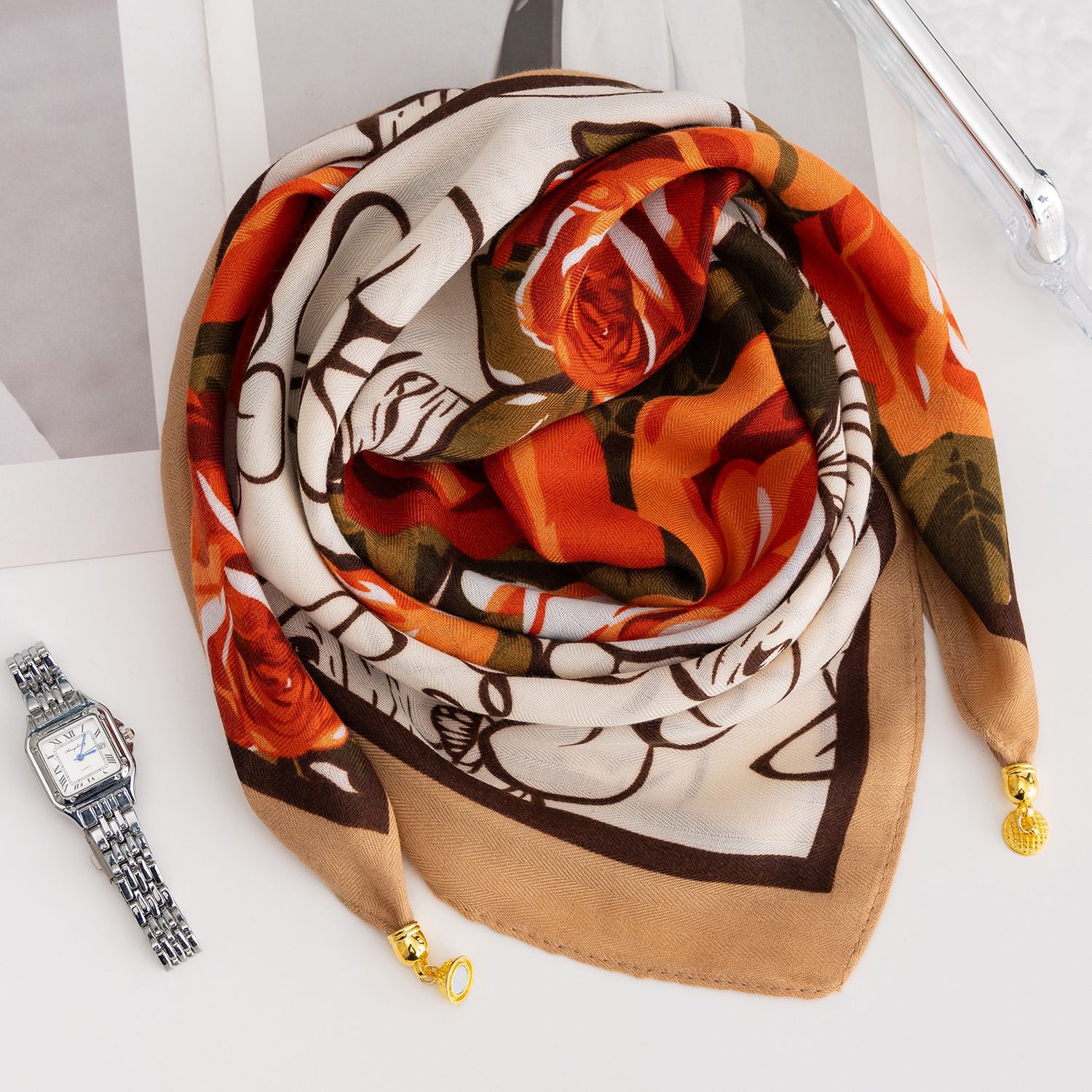 20g Weight Silk Scarf Classification Cotton, cotton and linen Material Spot, Plaid, Polka Dots, Leopard, Camouflage Pattern Spring&Summer, Autumn, Autumn&Winter Season Women's Gender Thin Cotton Square Scarf For Women, Comfortable Magnetic Buckle Design, Multifunctional Neck Warmer, Spring And Summer Accessory 4