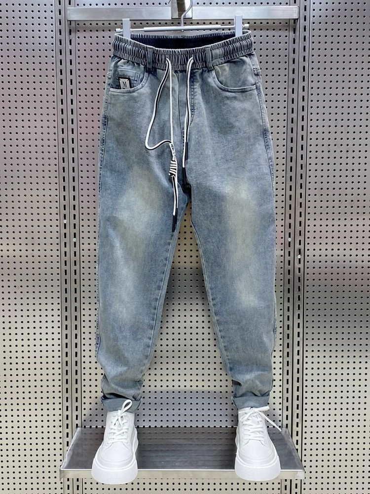 Summer thin men's ripped jeans, loose and trendy cropped with drawstring elastic casual Harlan pants, dad pants_voghion.com