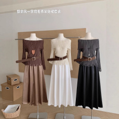 2025秋冬韩系穿搭套装女一字肩破洞针织衫上衣+腰带+半身裙三件套