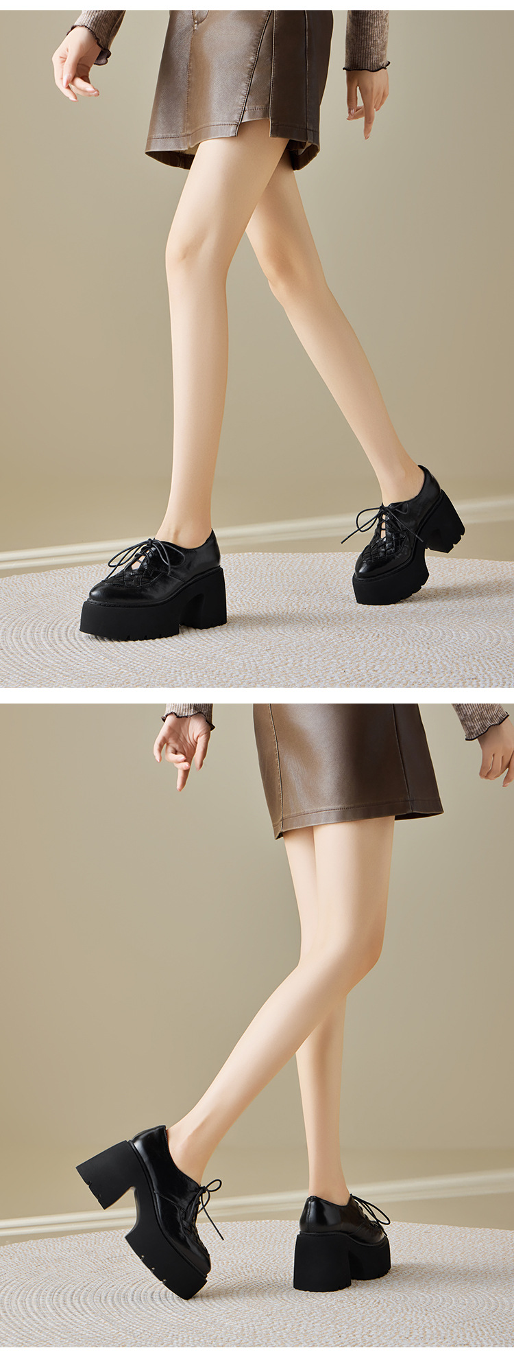 Giày cao gót nữ mũi nhọn gót vuông 10 cm dây buộc phong cách Anh, đế xuồng, da thật — màu đen chi tiết 7