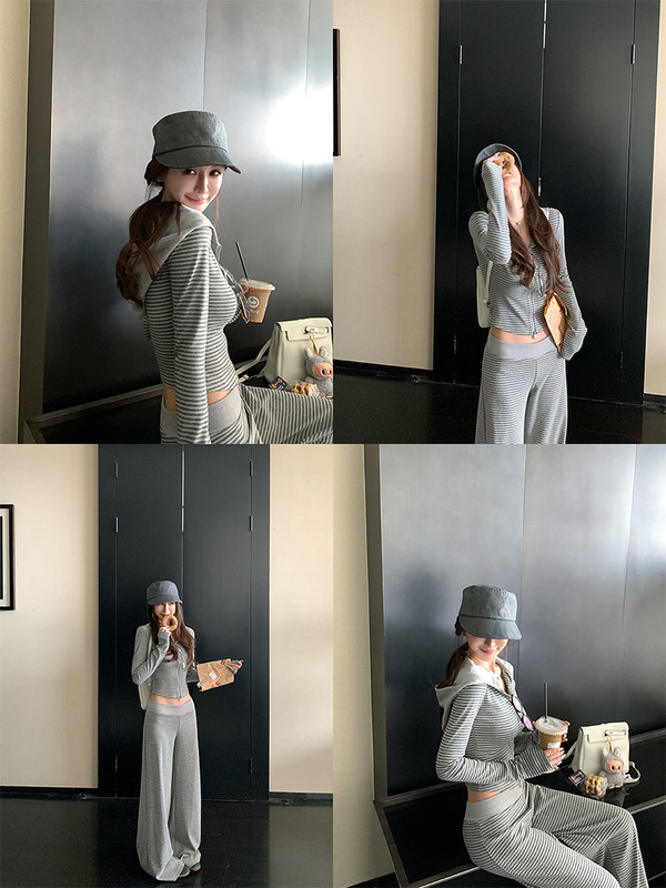 Skk Store 慵懒周末outfit 条纹修身正肩显瘦连帽卫衣套装女秋季|undefined