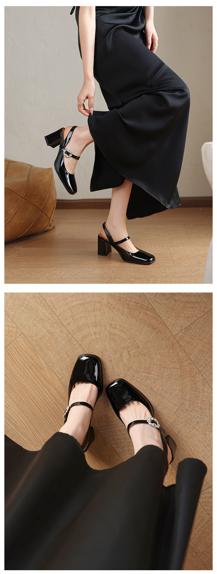 Giày sandal cao gót nữ quai ngang mũi tròn bít, gót 7 cm, phong cách Mary Jane — màu đen, Rượu vang đỏ, màu mơ, bạc chi tiết 14