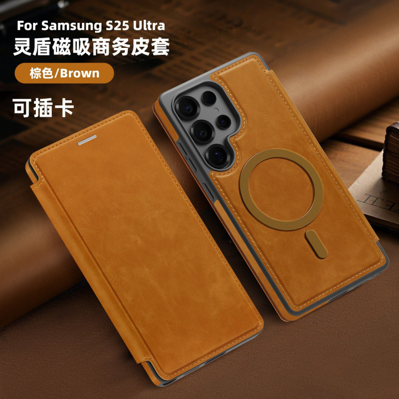 Suitable for Samsung S26Ultra Mobile Phone Case S25Fe Lingdun Leather Case Magnetic Suction S24 Card-Insertable Flip Cover Anti-Fall Protective Case
