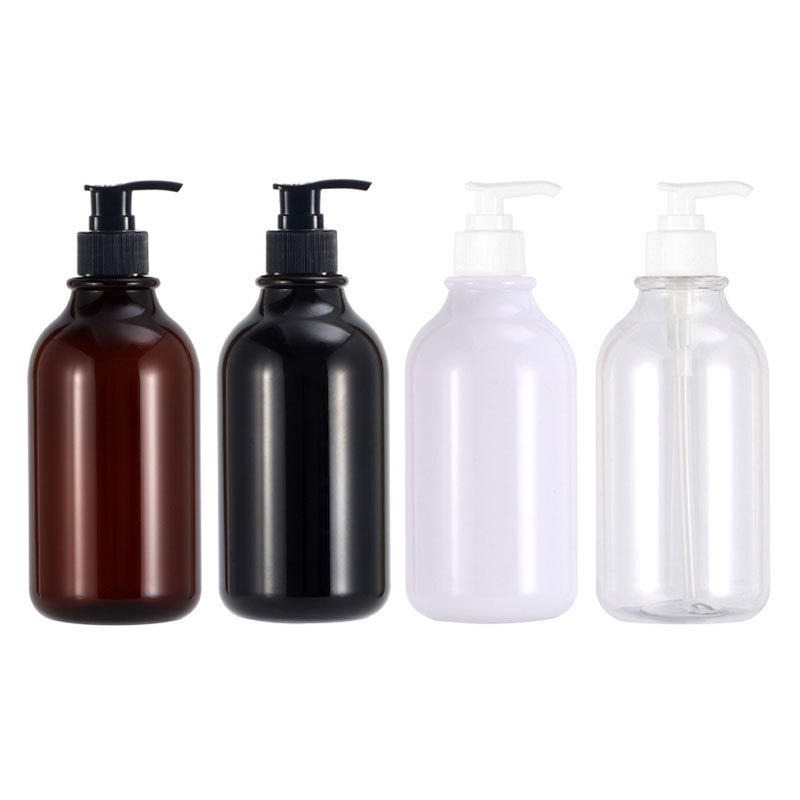 Botella de loción corporal de 300 ml en stock con hombros redondeados, botella dispensadora de plástico tipo pulsador para loción, botella de champú de PET de 500 ml.
