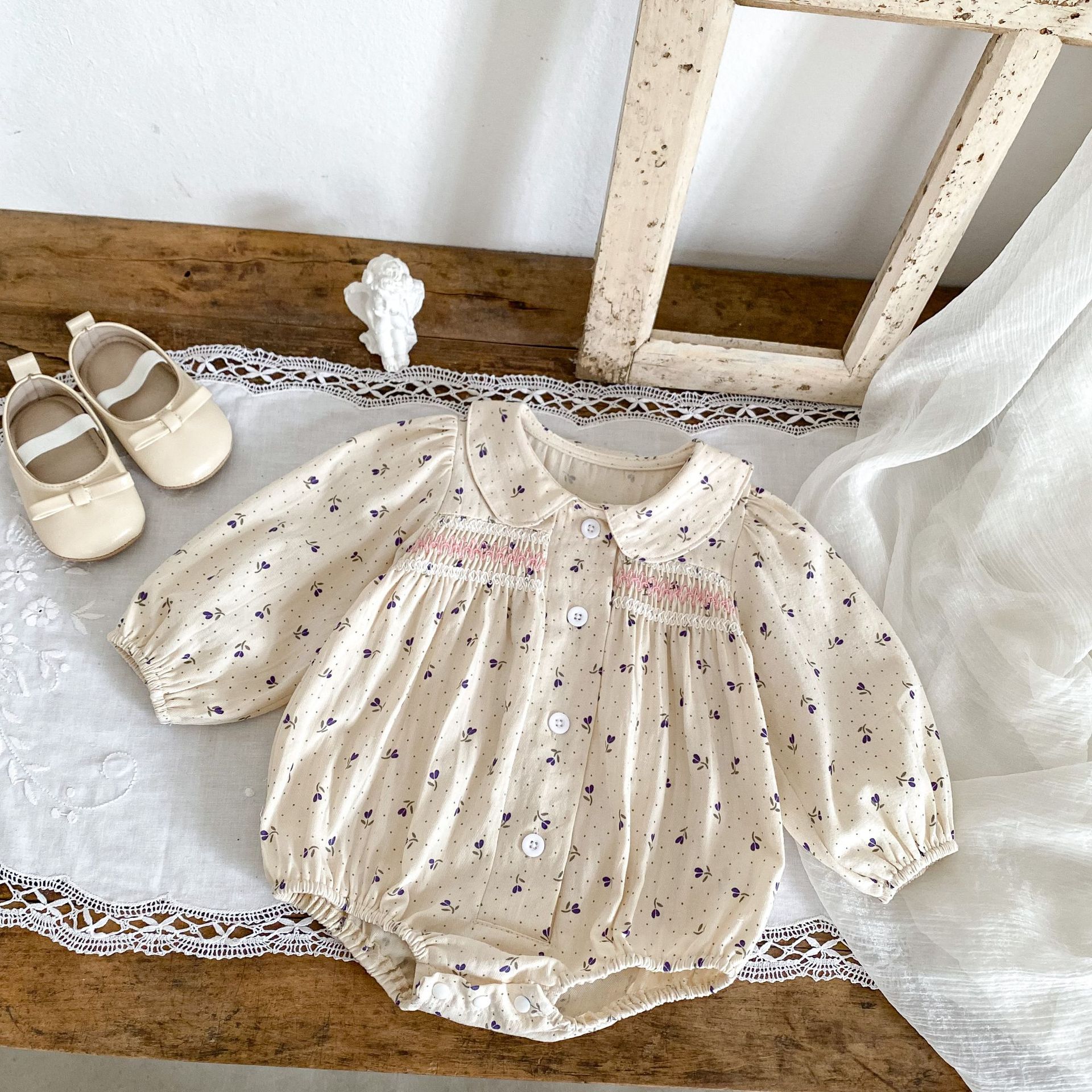 Cotton children's clothing 2024 autumn new item for infants and young girls, long sleeved khaki, wavelet dot flower_voghion.com