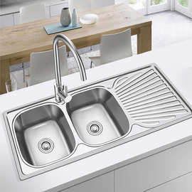 哇噢定制跨境双碗盆304防锈压盆不锈钢现代带排水板厨房水盆批发
