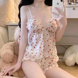 草莓雪纺睡衣吊带甜美可爱两件套家居服纯透视装情趣内衣性感少女