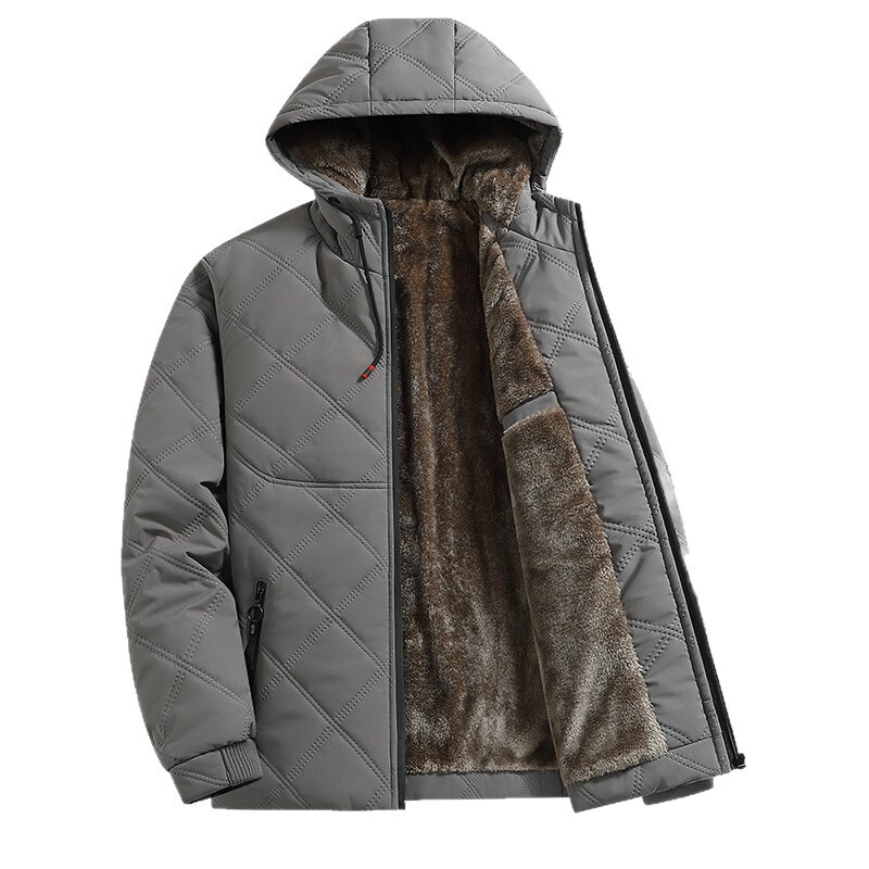 2025 Winter Men's Jacket with Fleece Lining, Thickened Cotton Coat, New Warm Cotton-Padded Jacket, Casual Hooded Stand Collar Dad Coat