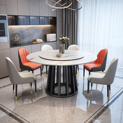 Modern Light Luxury Marble Dining Table and Chair Combination Natural Large Rock Board Dining Table Household Small Apartment Solid Wood Round Table Turntable