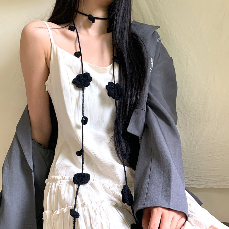 Black Rose Scarf Handmade Knitted Crochet Scarf Narrow Long Scarf Female Niche Neck Accessories Necklace Chain