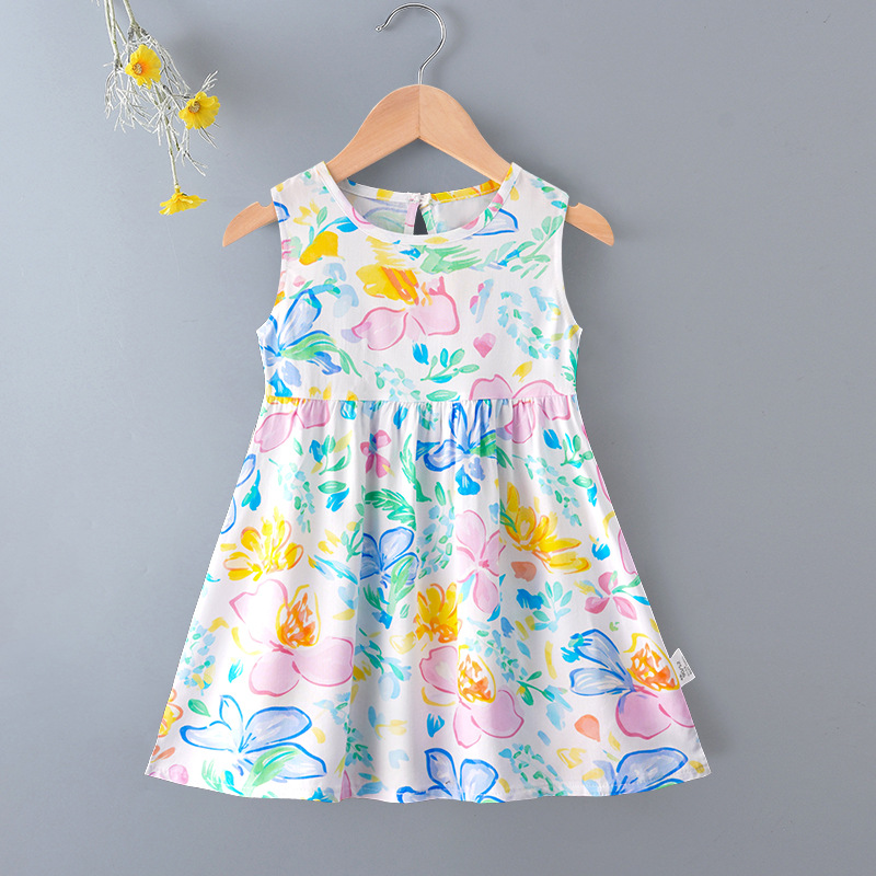 Vestidos de niña transfronterizos, vestidos de princesa florales de verano, ropa infantil de algodón y seda, faldas acampanadas con tacto de alta gama, transfronterizos.