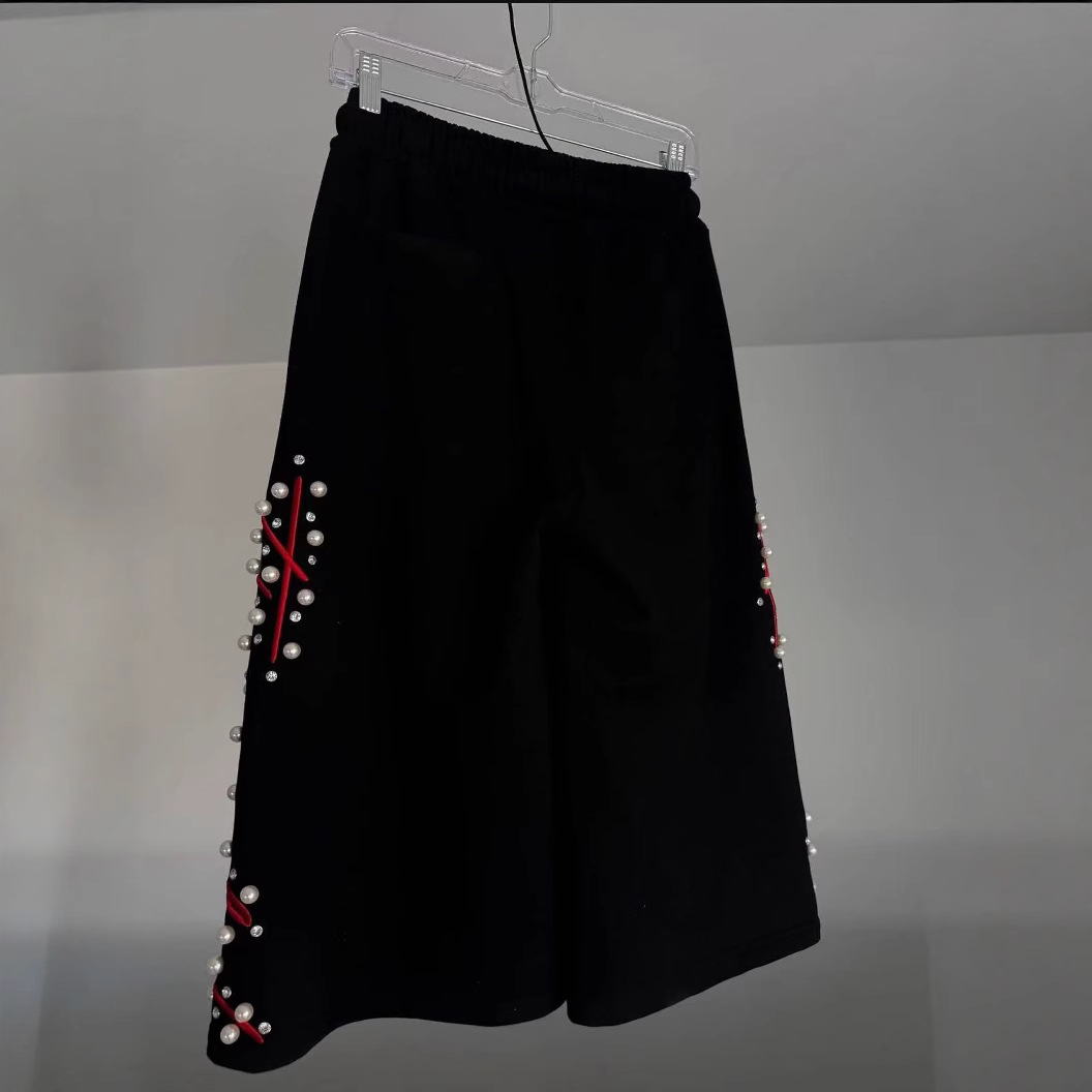 Pantalones cortos transfronterizos europeos y americanos, artesanía pesada de calle alta, bordados con cuentas, pantalones cortos casuales sueltos de moda, estilos calientes para hombres y mujeres