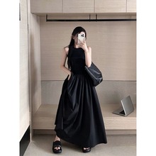 黑色无袖背心连衣裙仙女夏季法式赫本简约气质感中长款裙子