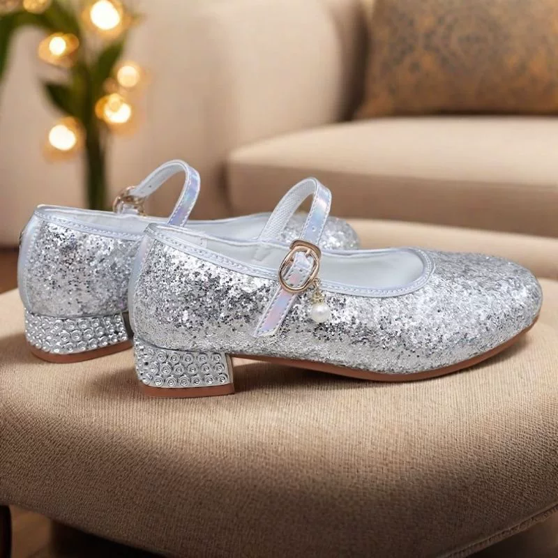 女童水晶鞋公主鞋春秋新款小女孩软底闪亮高跟鞋演出软底单公主鞋