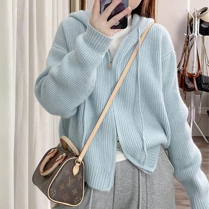 Solid knitted demi-season cardigan with hood with zipper