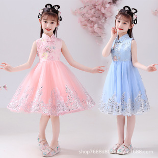 Girls Han Dynasty Little Girl Summer Vest Short Princess Dress Kidsren's Fluffy Gauze Performance Dress Chinese Style Cheongsam Dress