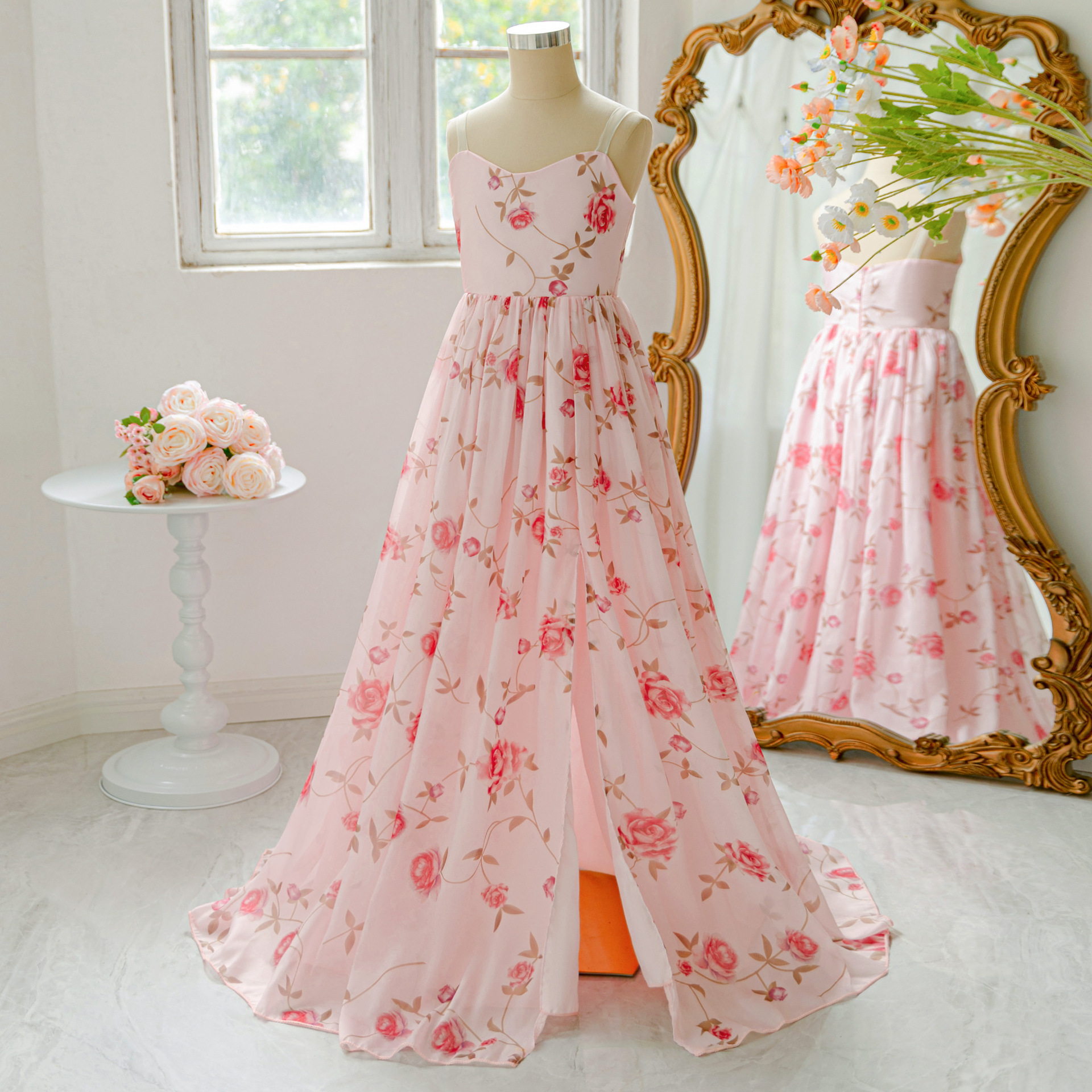 Vestido estampado de tirantes para niños de Amazon europeo y americano, vestido floral de longitud media, vestido de fiesta, vestido de princesa de fiesta dividido