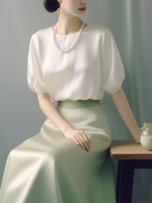 宽松别致圆领短袖衬衫女装夏季新款显瘦气质缎面上衣漂亮独特小衫|undefined