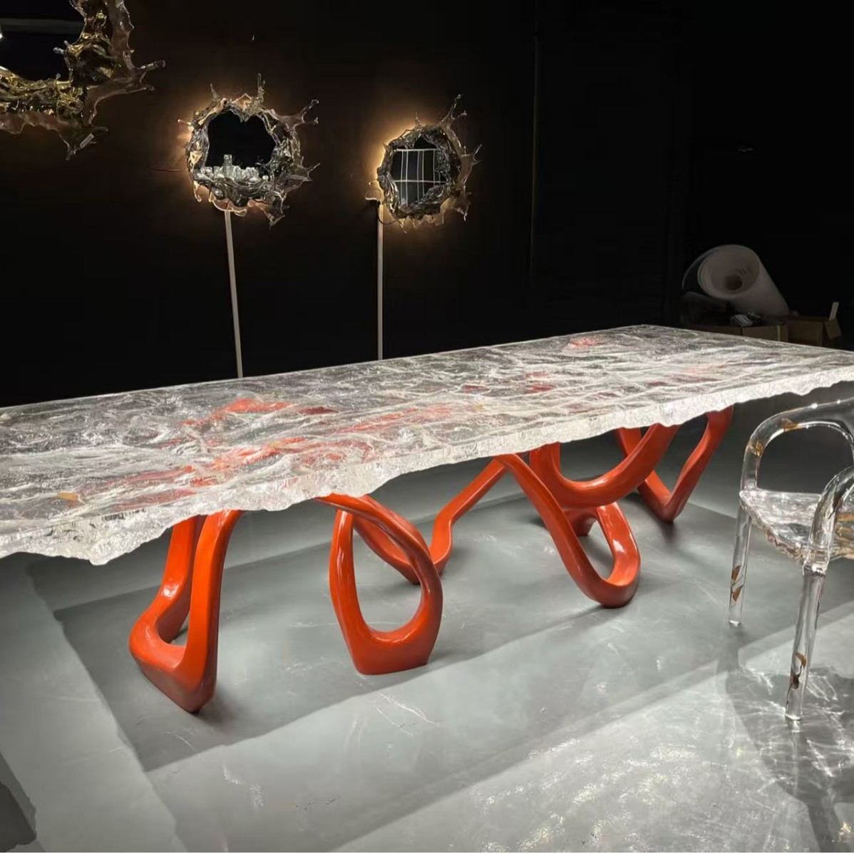 透明水晶飞天茶台会客厅冰川水波纹铂晶大板桌子敦煌飘带茶几