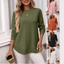 2025欧美亚马逊外贸秋冬新款宽松女装纯色华夫格圆领长袖上衣