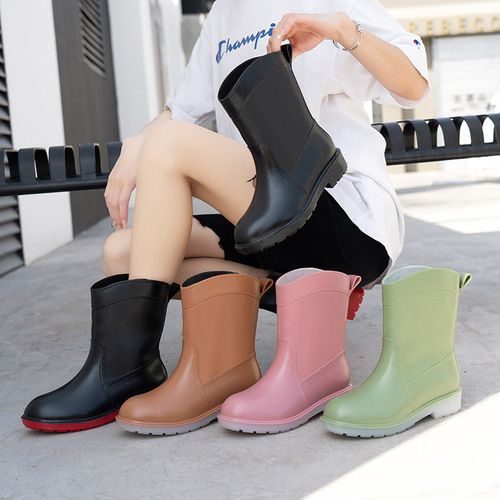 Cross-border fashionable rain boots for women, mid-calf rain boots, thick-soled non-slip outer rubber shoes, waterproof outdoor fishing car wash water shoes for women