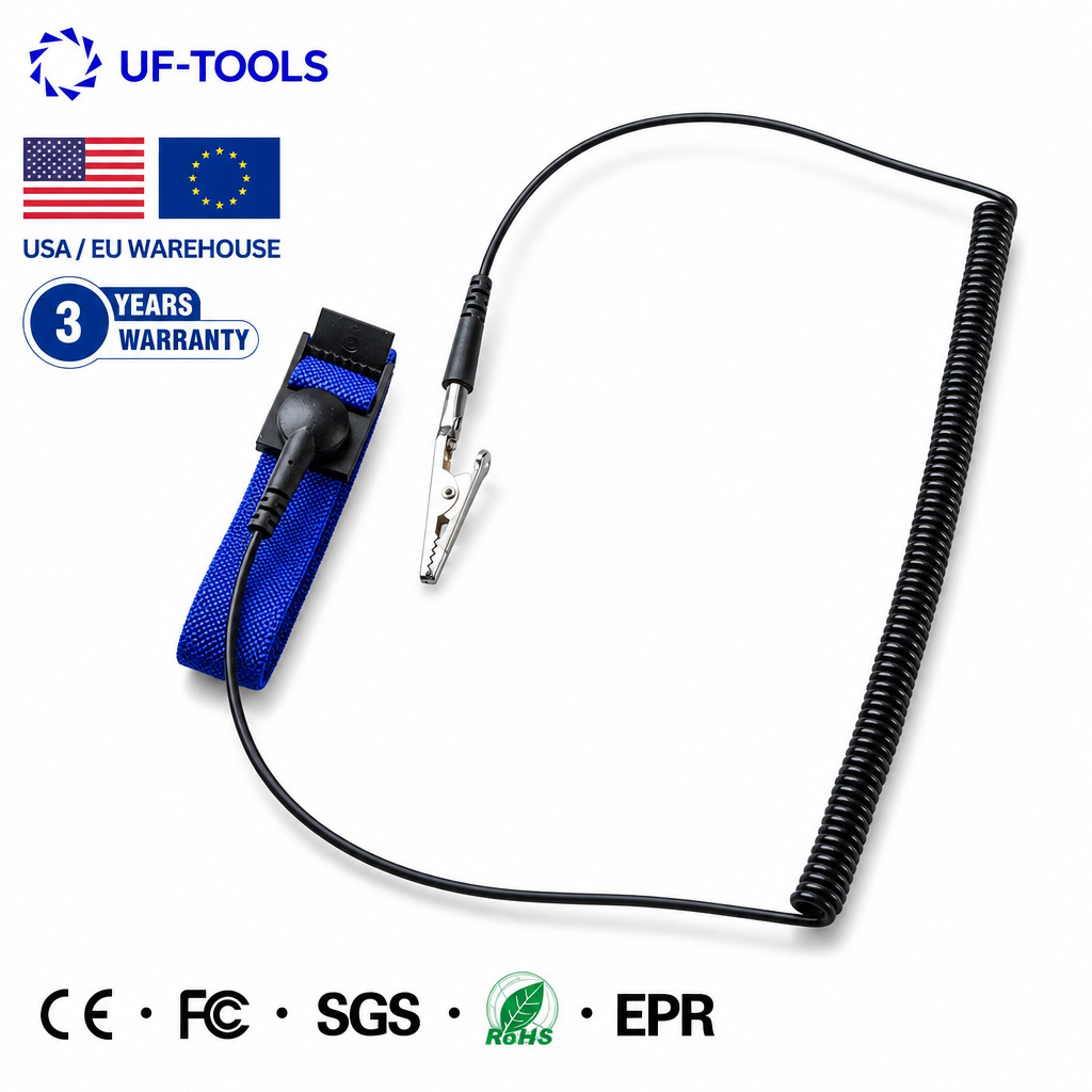Direct supply of PU wire anti-static wrist straps with 1MΩ safety resistance, adjustable conductive fiber ESD wristbands