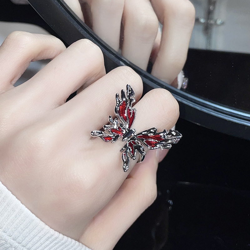 Anillo de mariposa rojo diseño de nicho femenino anillo de lujo ligero de alto grado apertura ajustable anillo de dedo índice personalizado francés